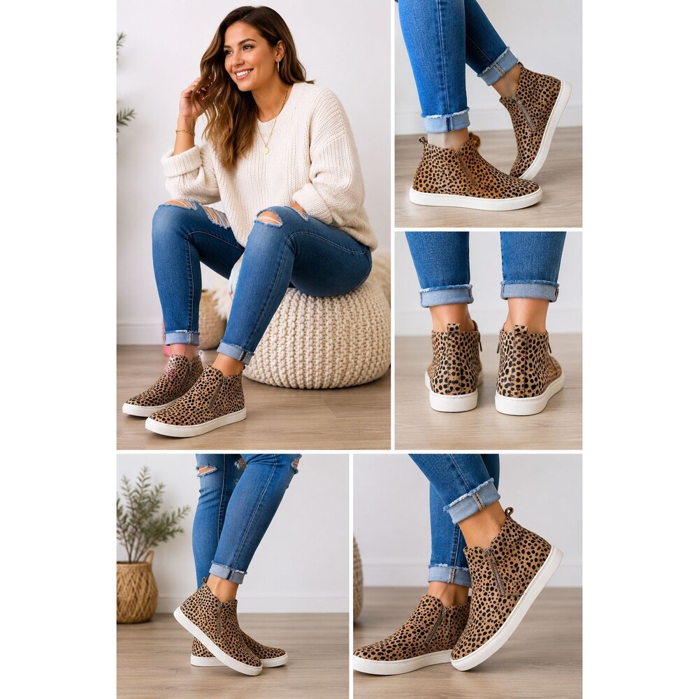 Women Leopard Print 9 Side-Zip Wedge Sneakers Faux Leather Upper Rubber Sole - Picture 3 of 13